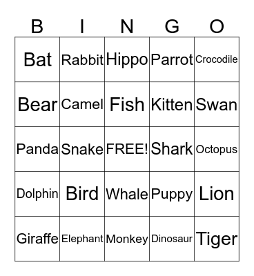 Animal Bingo Card