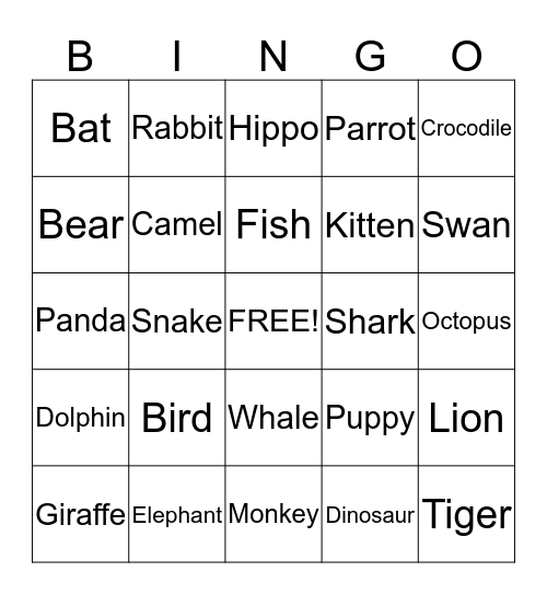 Animal Bingo Card