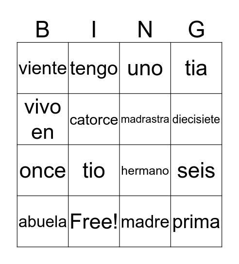 Spanish Bingo  Bingo Card