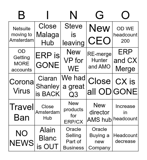 Organisational Announcement Bingo Card