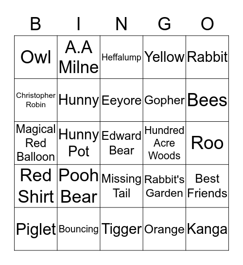 100 Acre Woods Bingo Card