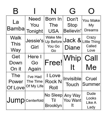 80s Hits Bingo Card