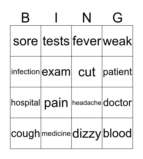 Health Words Bingo Card