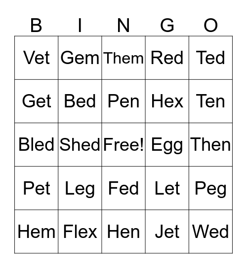 Word Family Bingo Card