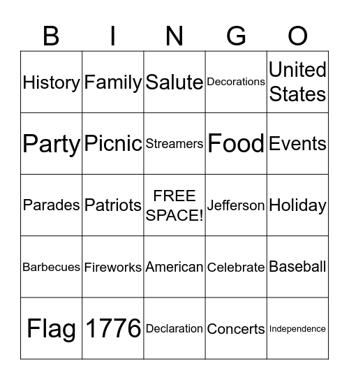 4th of July Bingo Card