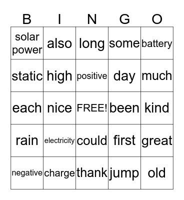Electricity Vocab and Sight Words Bingo Card
