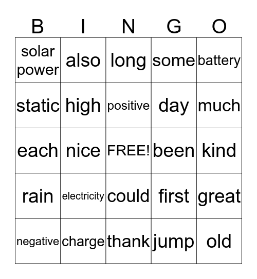 Electricity Vocab and Sight Words Bingo Card