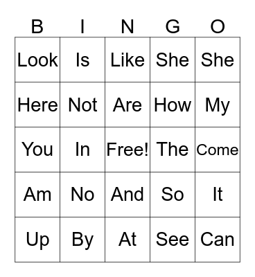Sight Words Bingo Card