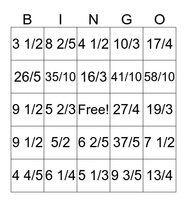 Mixed Number/ Improper Fraction Bingo Card