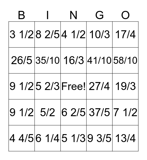 Mixed Number/ Improper Fraction Bingo Card