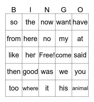 Sight word bingo Card