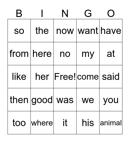 Sight word bingo Card