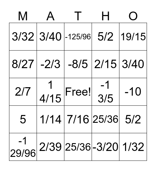 Multiply Rational Numbers Bingo Card