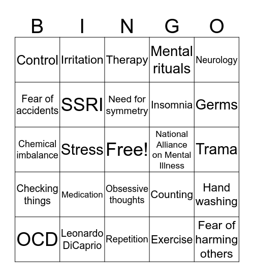 Obsessive Compulsive Disorder Bingo Card