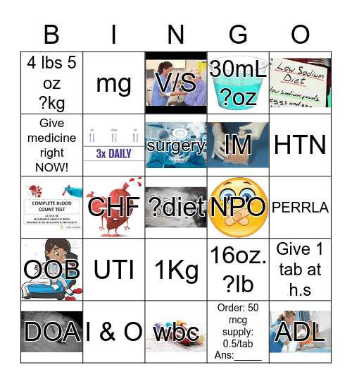 Medical Terminology and dosages Bingo Card