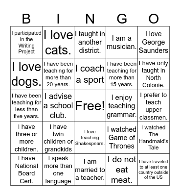 English Department Bingo Card