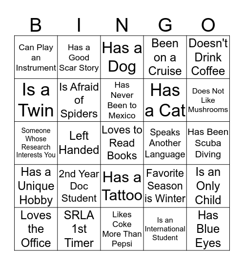 Student Social - SRLA 2020 Bingo Card