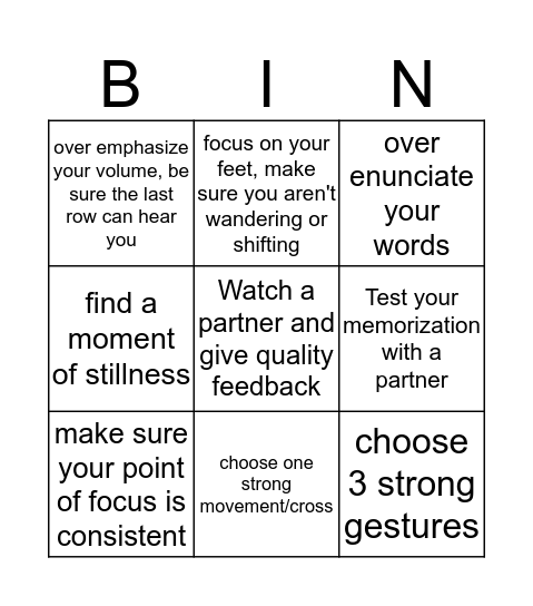 Monologue Bingo Card