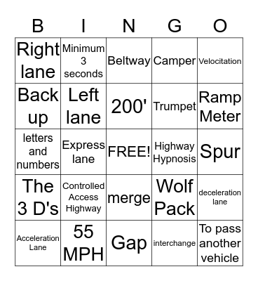 Expressway and Road Trip Bingo Card