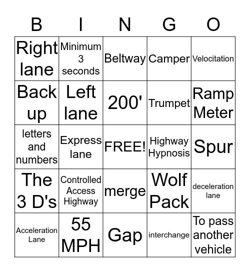 Expressway and Road Trip Bingo Card