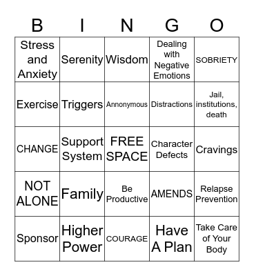 Relapse Prevention Bingo Card