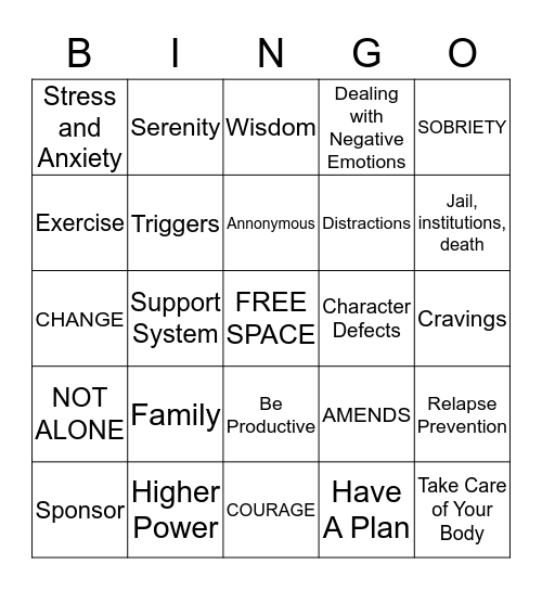 Relapse Prevention Bingo Card