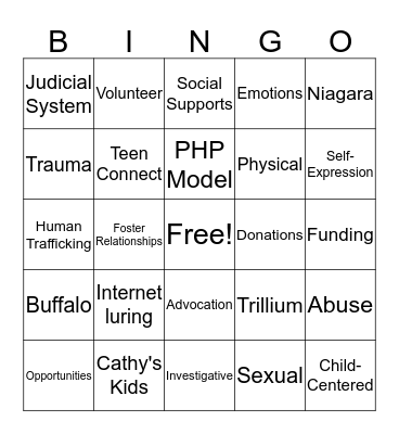 Kristen French Child Advocacy Centre Niagara Bingo Card