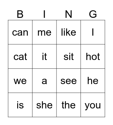 Sight Word Bingo Card