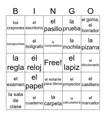 Spanish school supplies Bingo Card