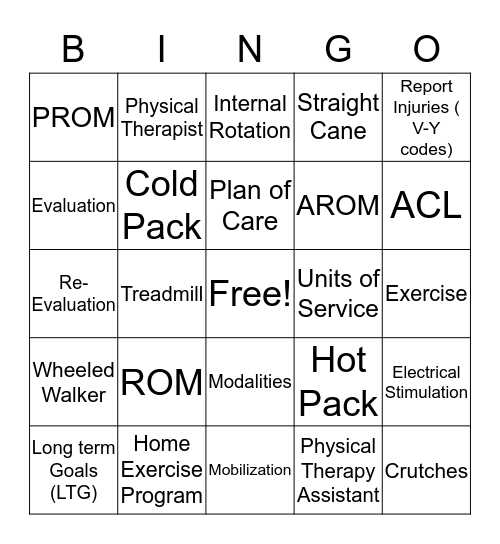 Physical Therapy Bingo Card