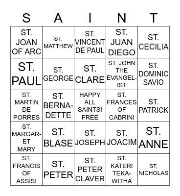 SAINTS BINGO Card