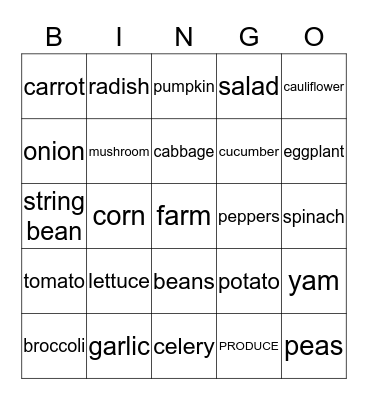 Vegetables Bingo Card