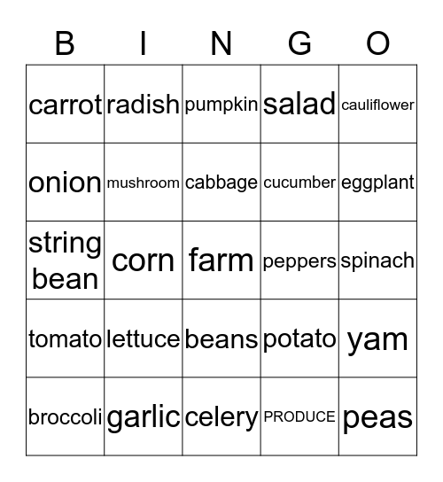 Vegetables Bingo Card