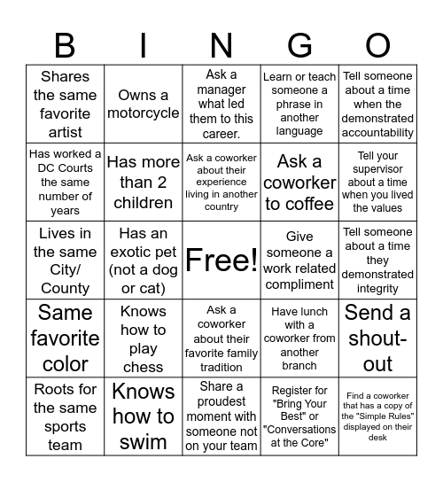 Multi-Door Values Bingo Card