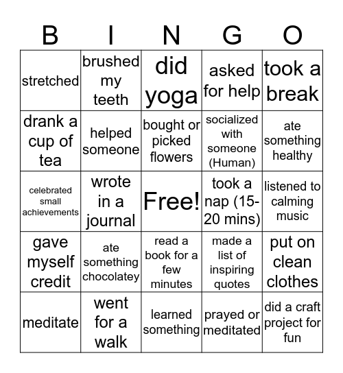 self care bingo Card