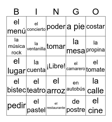 Going Out Vocab Bingo Card