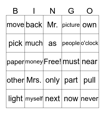 Sight Word Bingo 2 Bingo Card