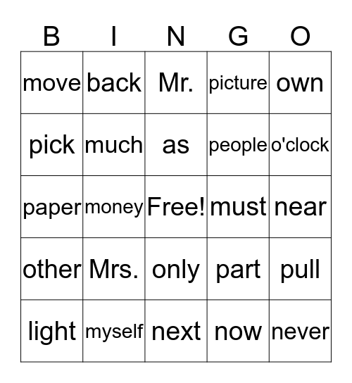 Sight Word Bingo 2 Bingo Card
