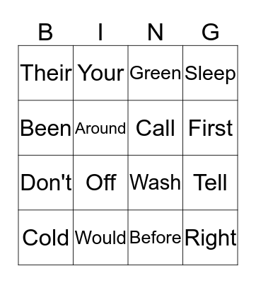 Second Grade Sight Word Bingo Card