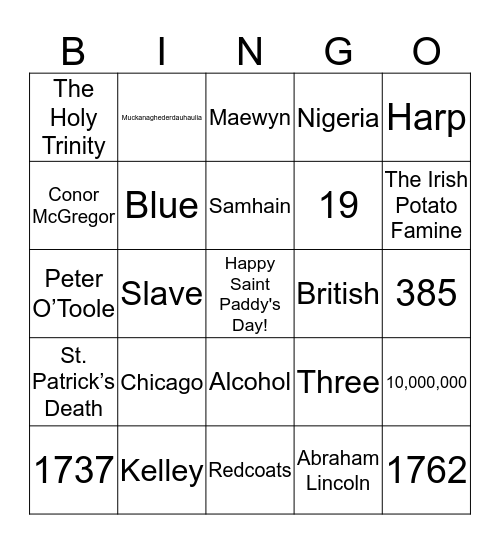 Saint Paddy's Day Bingo Card