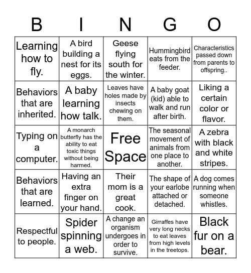 Inherited Traits and Learned Behaviors Bingo Card