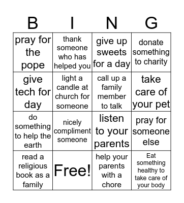Lenten Bingo Card