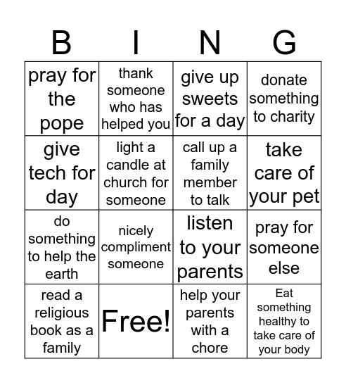 Lenten Bingo Card