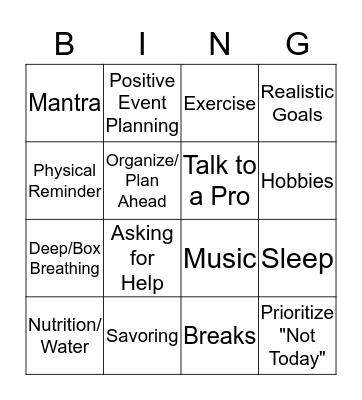 Stress Relief "Bing" Bingo Card