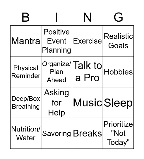 Stress Relief "Bing" Bingo Card