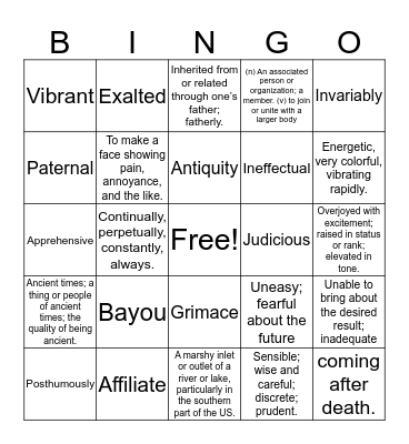 Vocabulary 3 Bingo Card