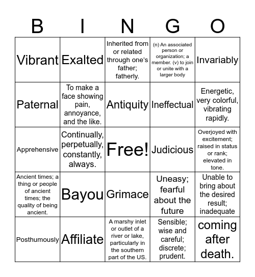 Vocabulary 3 Bingo Card