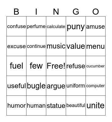 Long- U Bingo Card