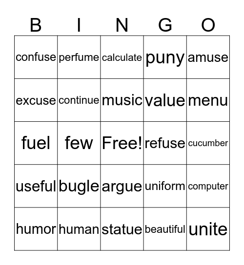 Long- U Bingo Card