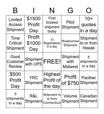 Commercial Sales Department  Bingo Card